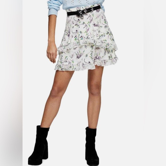 Topshop Dresses & Skirts - Topshop Floral Ruffle Mini Skirt Tiered Ivory Multi Cottagecore US 6